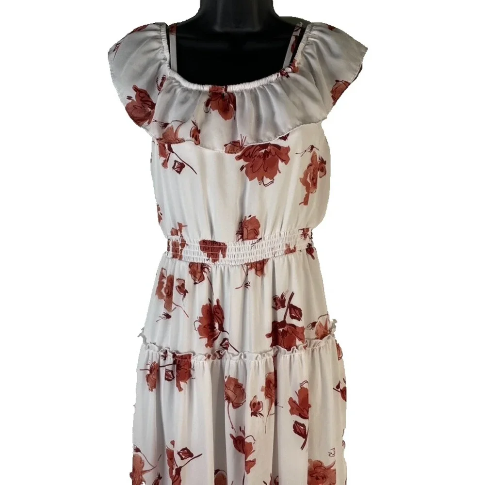 Beautees Women's Midi Dress White Floral Sz 14 Off Shoulder Elastic Waist Tiered